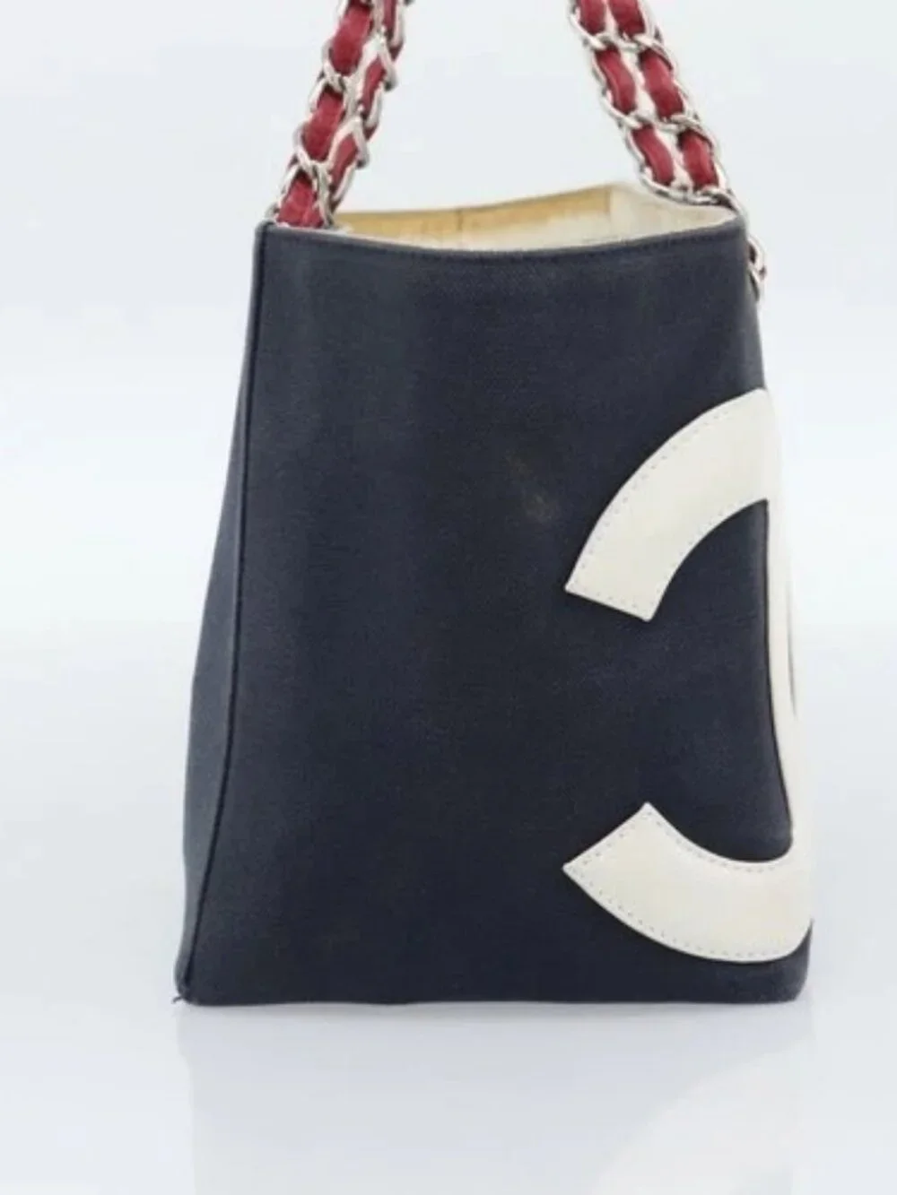 CHANEL Choco Bar Chain Tote Bag No5 Canvas Navy Silver CC Auth 188914